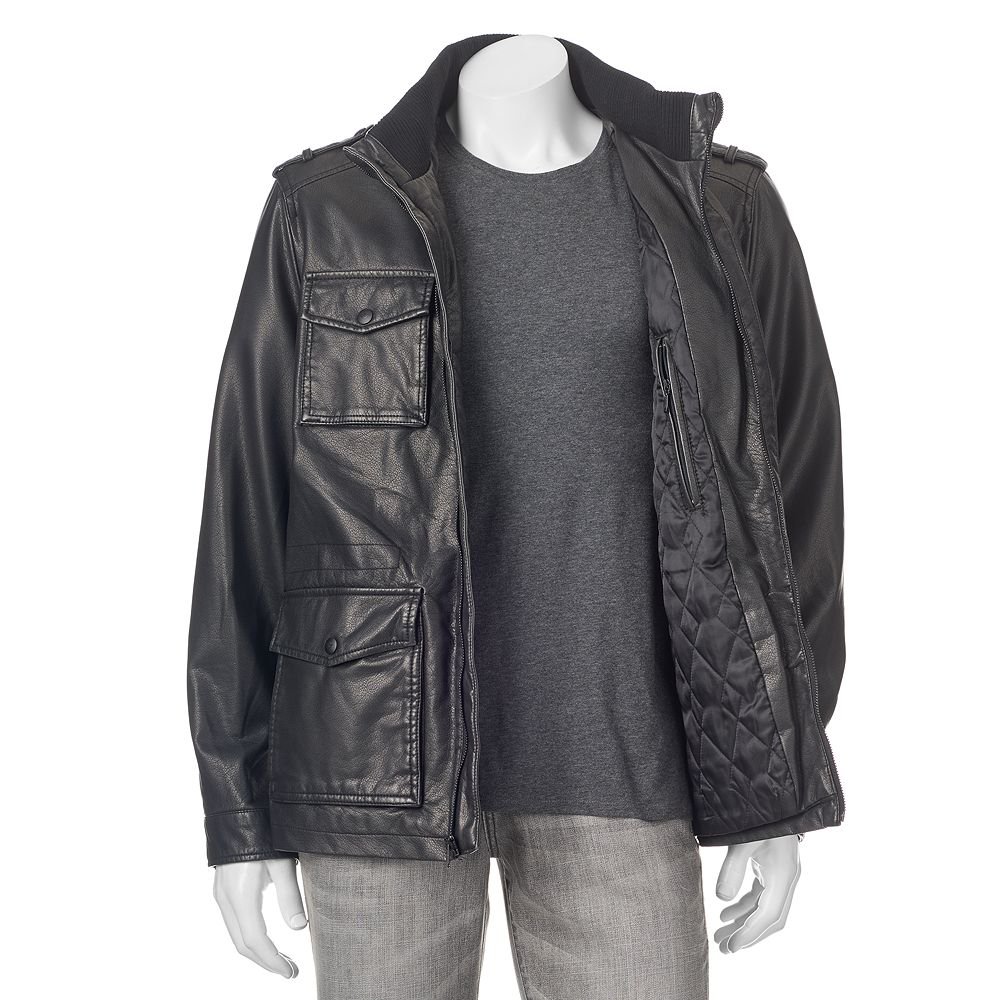 Men's Dockers FauxLeather 4Pocket Hooded Military Jacket Coat Black