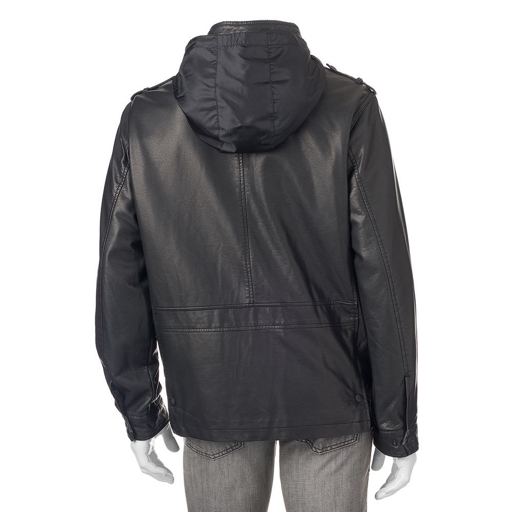 Men's Dockers FauxLeather 4Pocket Hooded Military Jacket Coat Black
