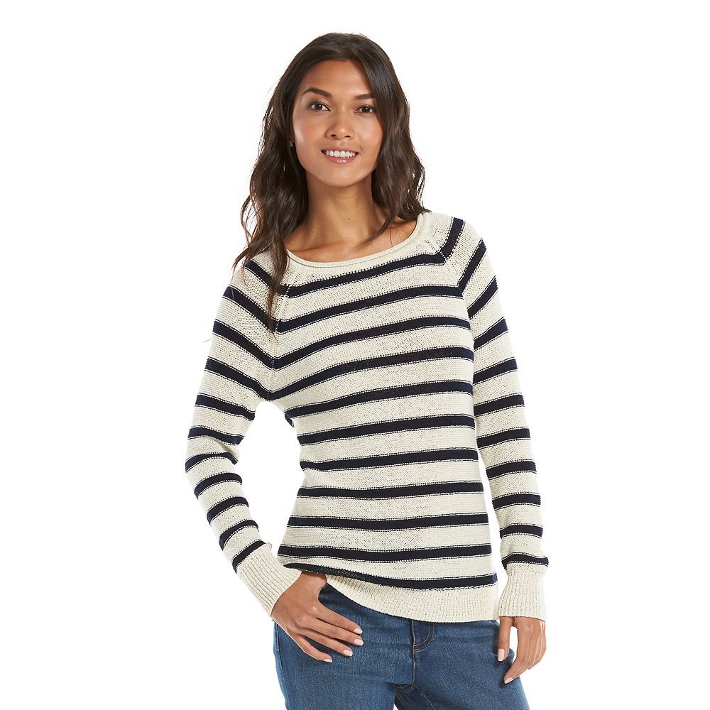 Chaps XL Extra Large Womens Boatneck Raglan Sweater Navy Cream Stripe NEW