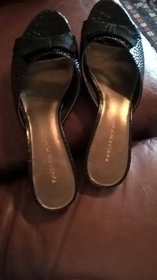 NEW Womens Jones New York Leather Backless Sandals Spike Heel Black Bow Details