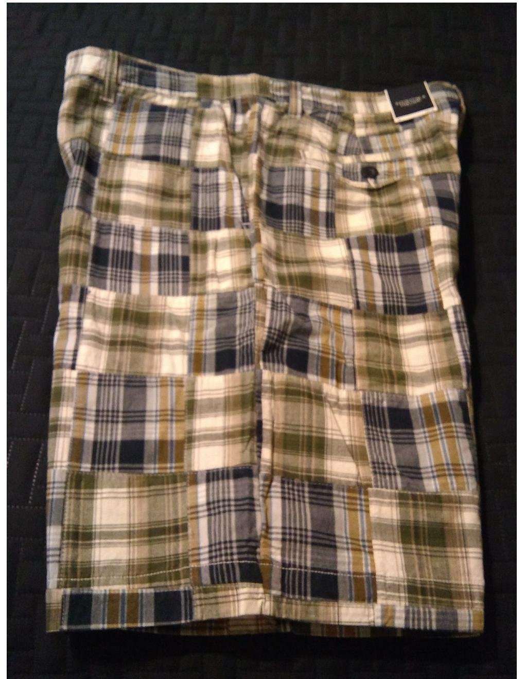 NEW Mens Plaid Patchwork Shorts in Brown Black Sz. 36 Flat Front Sonoma