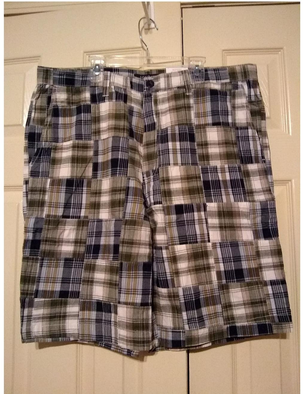 NEW Mens Plaid Patchwork Shorts in Brown Black Sz. 36 Flat Front Sonoma