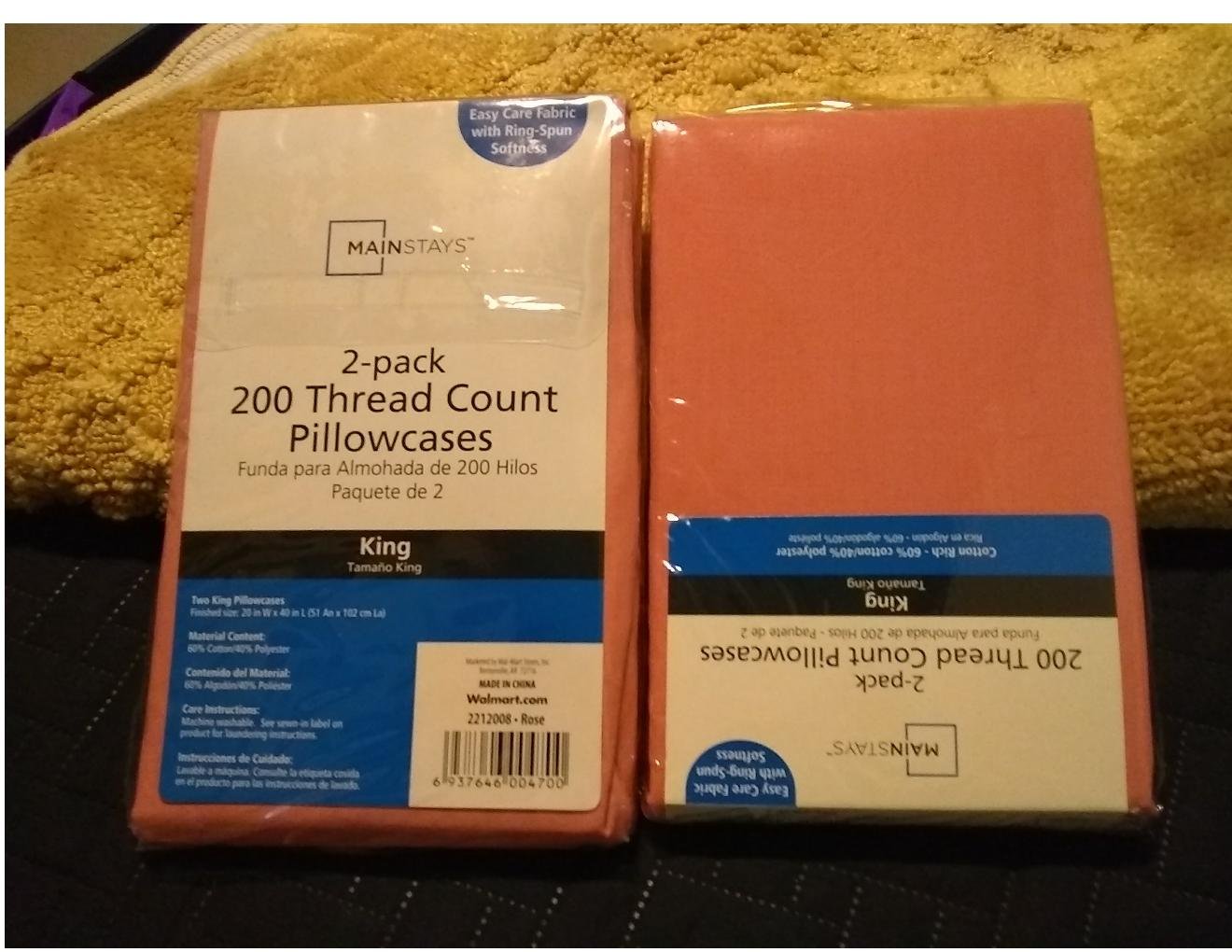 Mainstays 200 Thread Count 2 Pack of King Size Pillowcases Rose Color NEW
