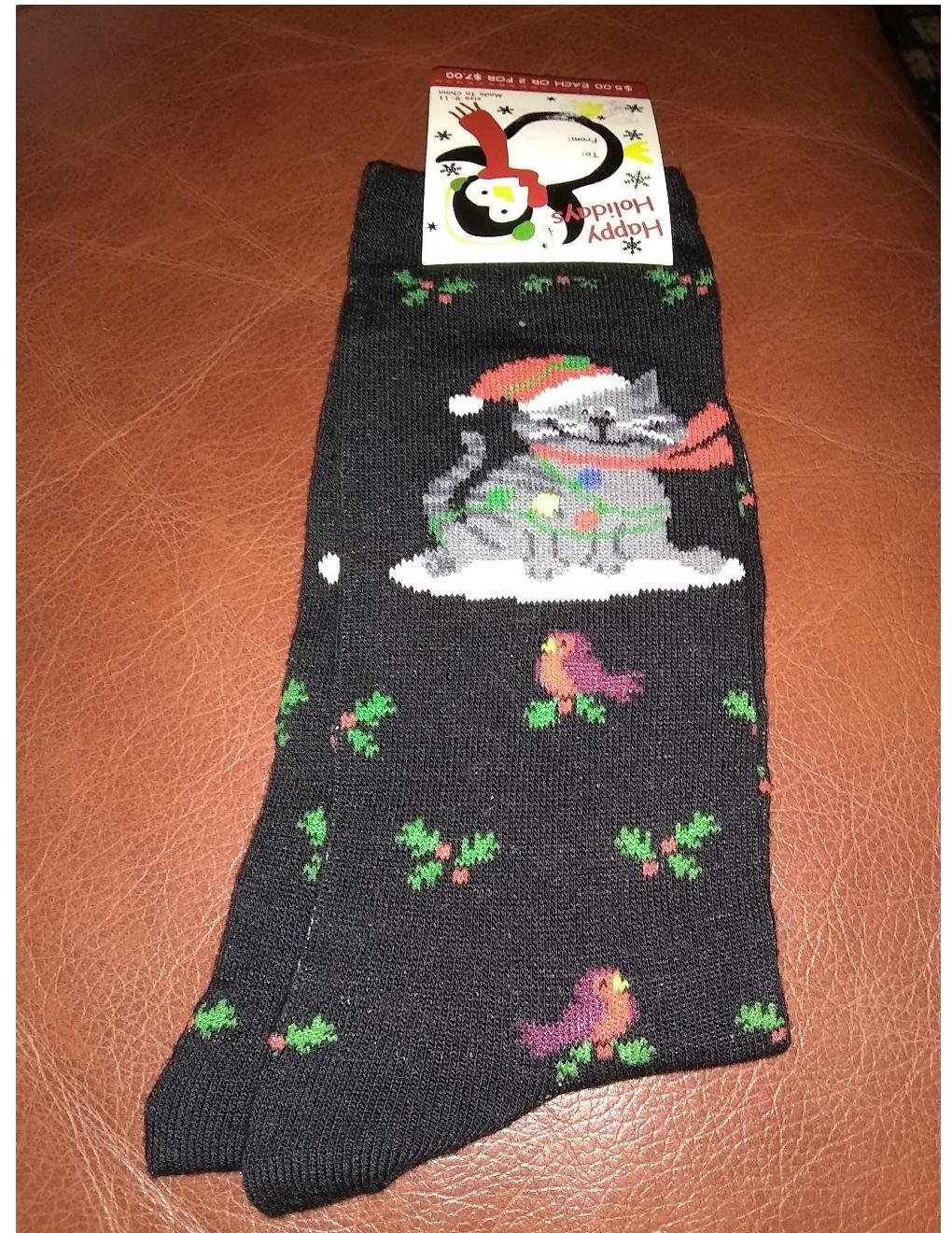 Women's Christmas Crew Socks - Black Cute Cat or Kitten & Holly ...