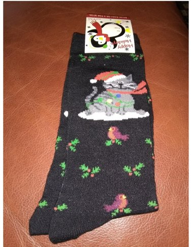 Women's Christmas Crew Socks - Black Cute Cat or Kitten & Holly & Cardinals Shoe Size 4-10 NEW