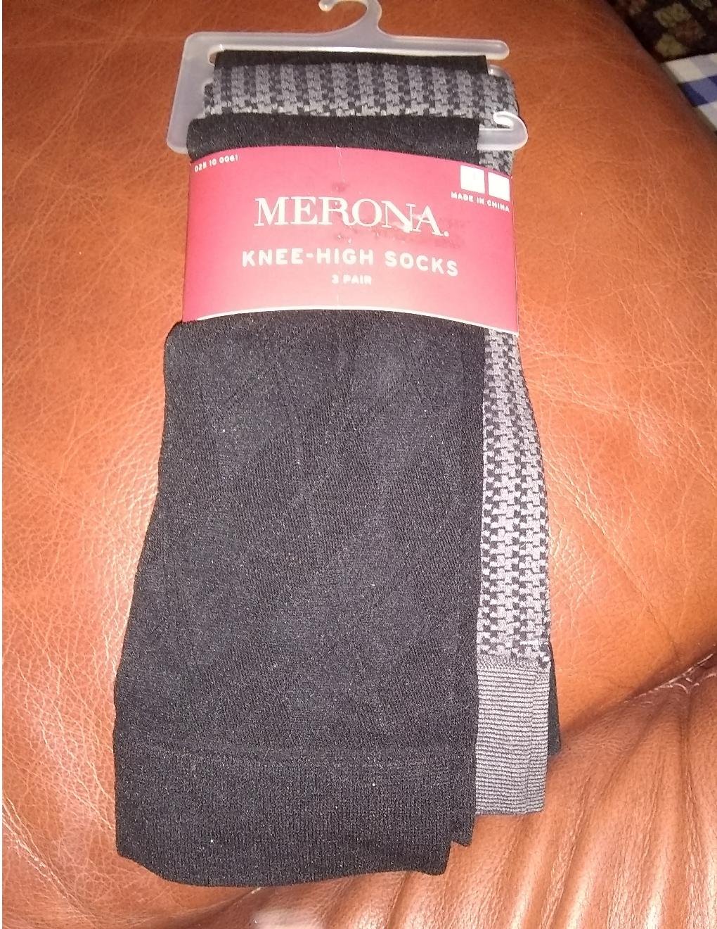 New Merona Knee-High Trouser Nylon Socks 3 Pairs Black Patterned Plain Black/Gray Shoe Size 4-10