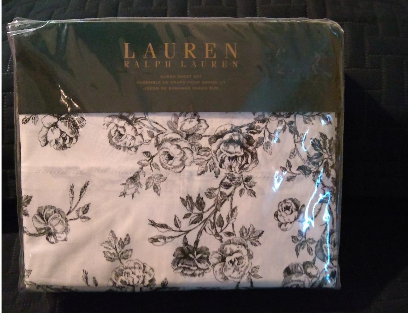 Lauren Ralph Lauren BLACK White Toile ROSE FLORAL 4pc 100 Cotton
