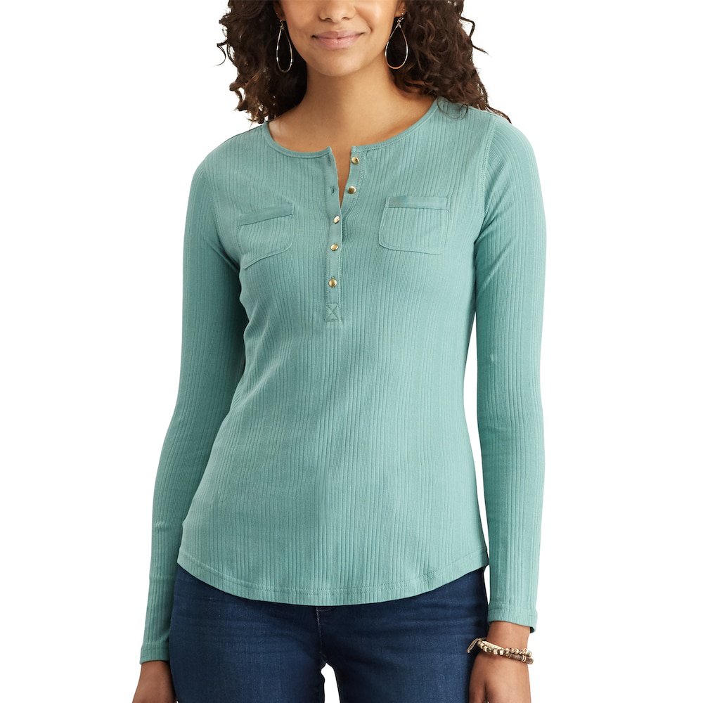 Chaps Medium M Womens Pocket Henley Tee Top Shirt Button Front Green NEW