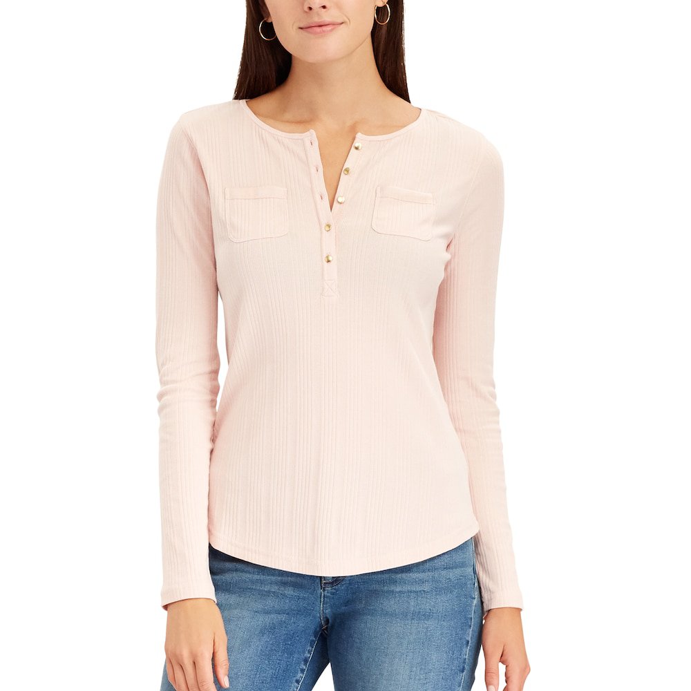 Chaps Small S Womens Pocket Henley Tee Top Shirt Button Front Pink NEW