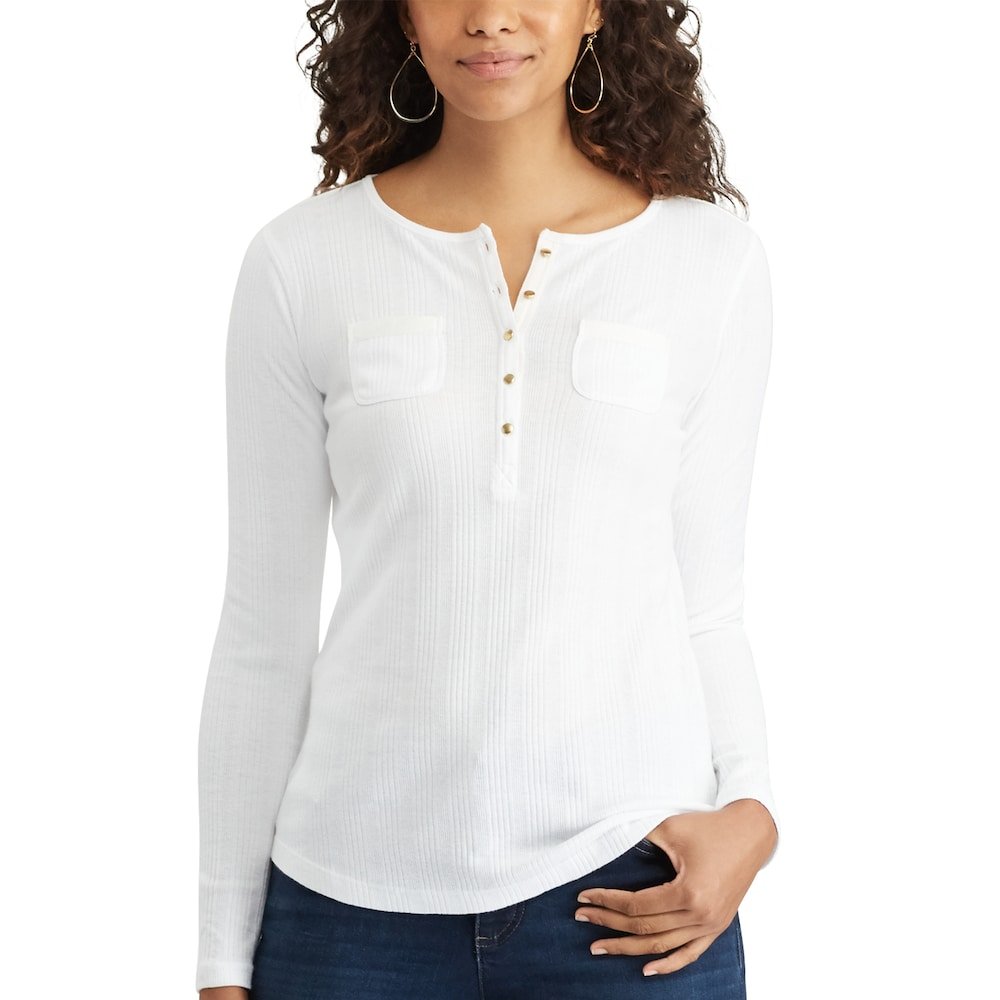 Chaps Small S Womens Pocket Henley Tee Top Shirt Button Front White NEW