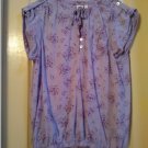 Juniors Medium M Purple Floral Cotton Tie Neck Key Hole Top or Shirt EUC