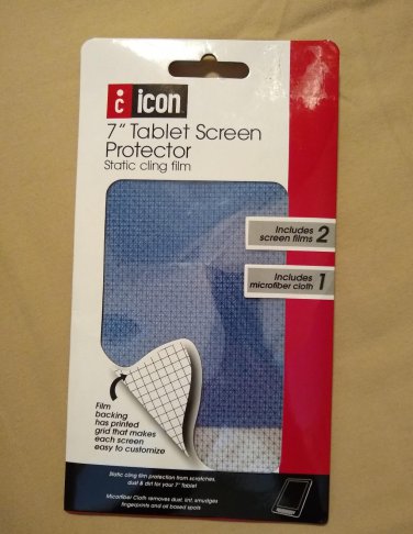 NEW iCON 7" Tablet Screen Protector Static Cling Film - 2 Films + Microfiber Cloth