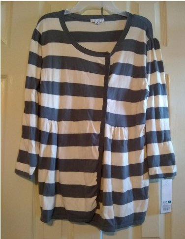 NEW Medium Liz Lange Maternity Cardigan Sweater Light Weight Striped Gray/Cream Snaps