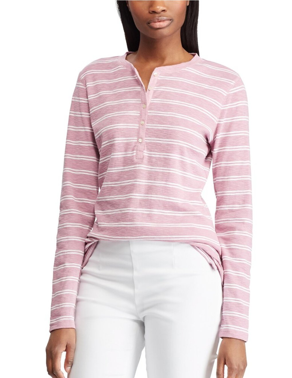 Chaps Womens Waffle Henley Tee Top Shirt Button Front Purple Stripe XS NEW