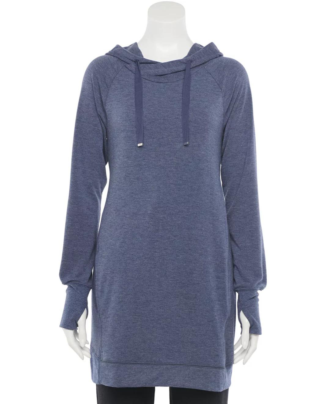 NEW Womens Tek Gear Crossneck French Terry Hooded Tunic Sweatshirt Small  Blue