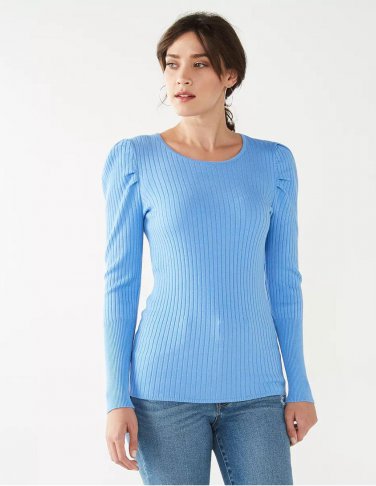 New Womens Women's Nine West Puff-Sleeve Sweater CrewNeck Fitted Blue Small