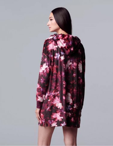 NEW SVVW Vera Wang Velour Long Sleeve Hooded Sleepshirt XS Plum Floral Print