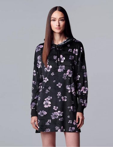 NEW SVVW Vera Wang Velour Long Sleeve Hooded Sleepshirt XS Black Floral Print