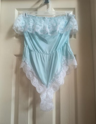 Vintage Blue Lacy Strapless M Romper Sheer Cheeky Teddy Lingerie Made In USA