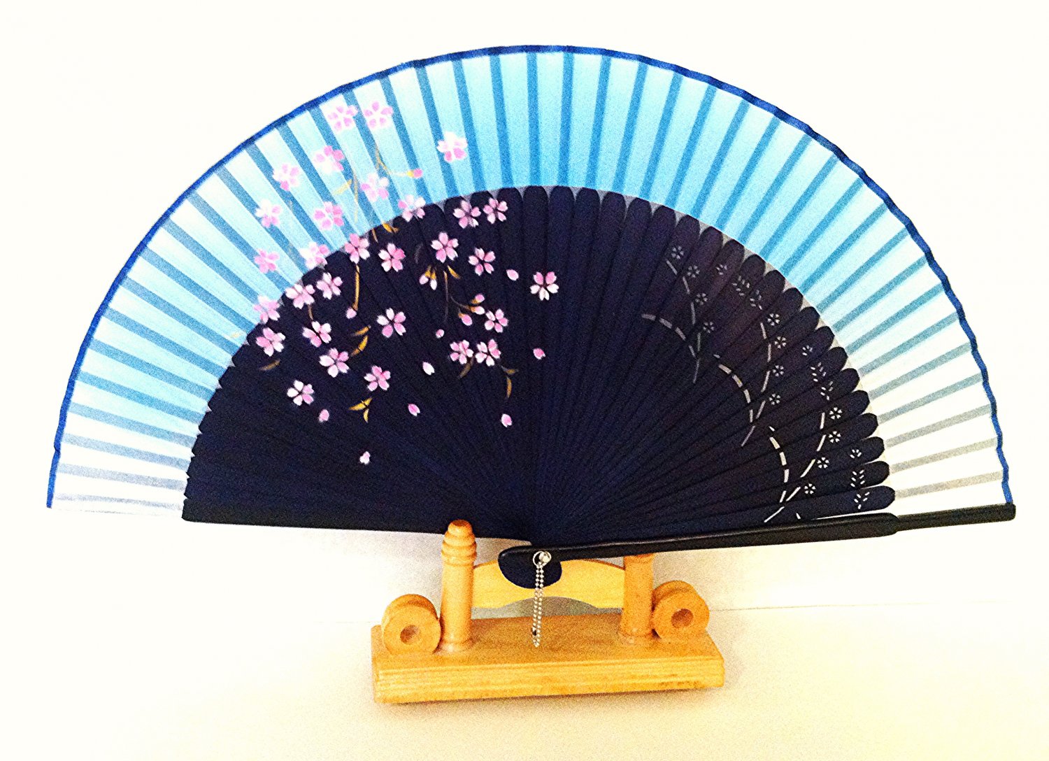 Wedding Bridal Folding Fan Bamboo  Silk  Handfan in Cherry Blossom Flower Deesign Blue  Color