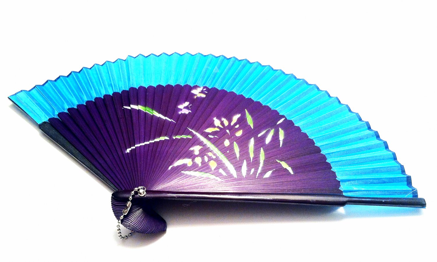 Chinese Hand Folding Fan 201005 with Orchid Flower Design Blue Fabric Color