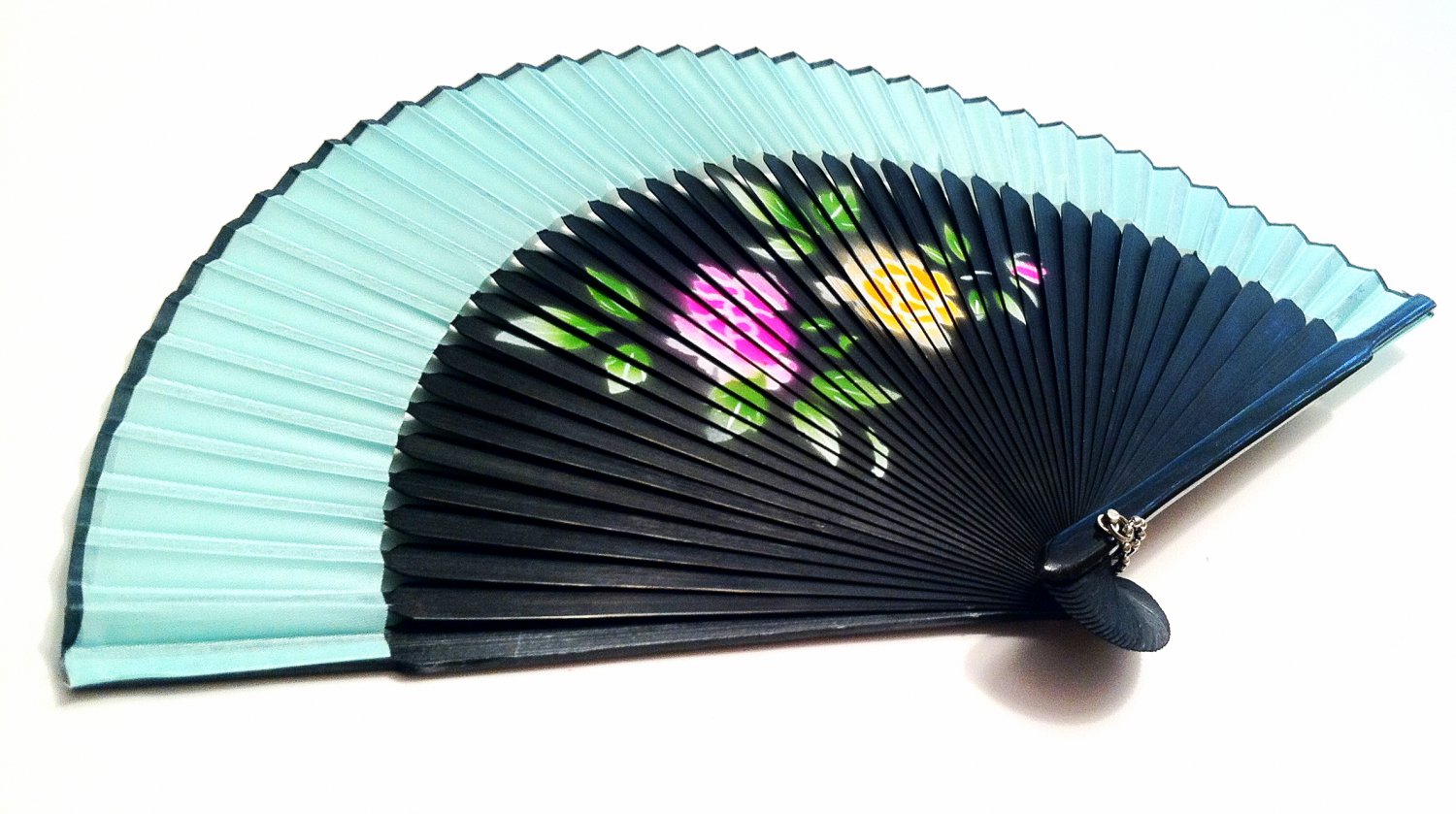 Bridal Folding Handfan Spray Painted 201011 with Peony Flower Design Light Blue Color
