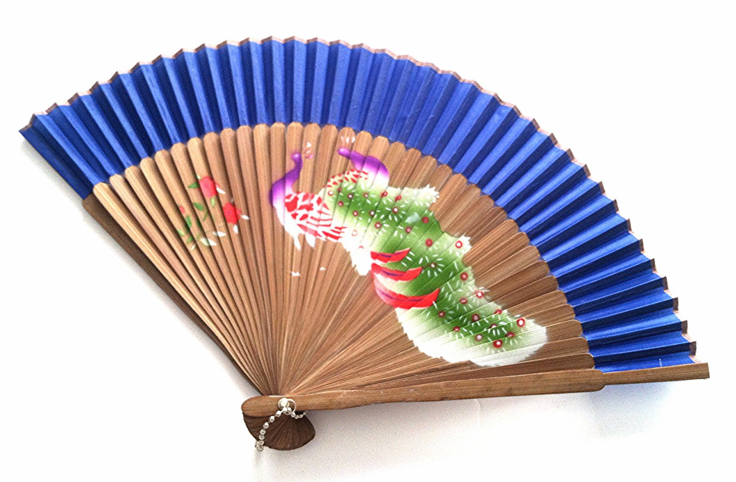 Hand Painted Peacock Design Bamboo Folding Fan Handfan 201031 with Dark Blue Fabric Color