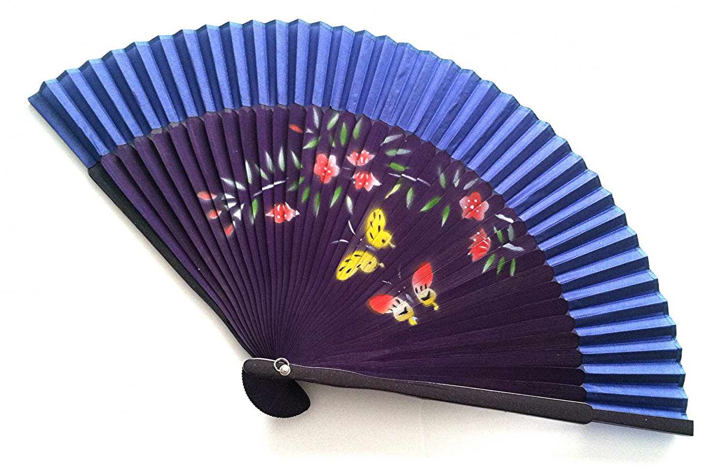 Hand Spray Painted Bamboo and Folding Fan 201036 Dark Blue with Butterfly and Flowers Design