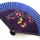 Hand Spray Painted Bamboo and Folding Fan 201036 Dark Blue with Butterfly and Flowers Design