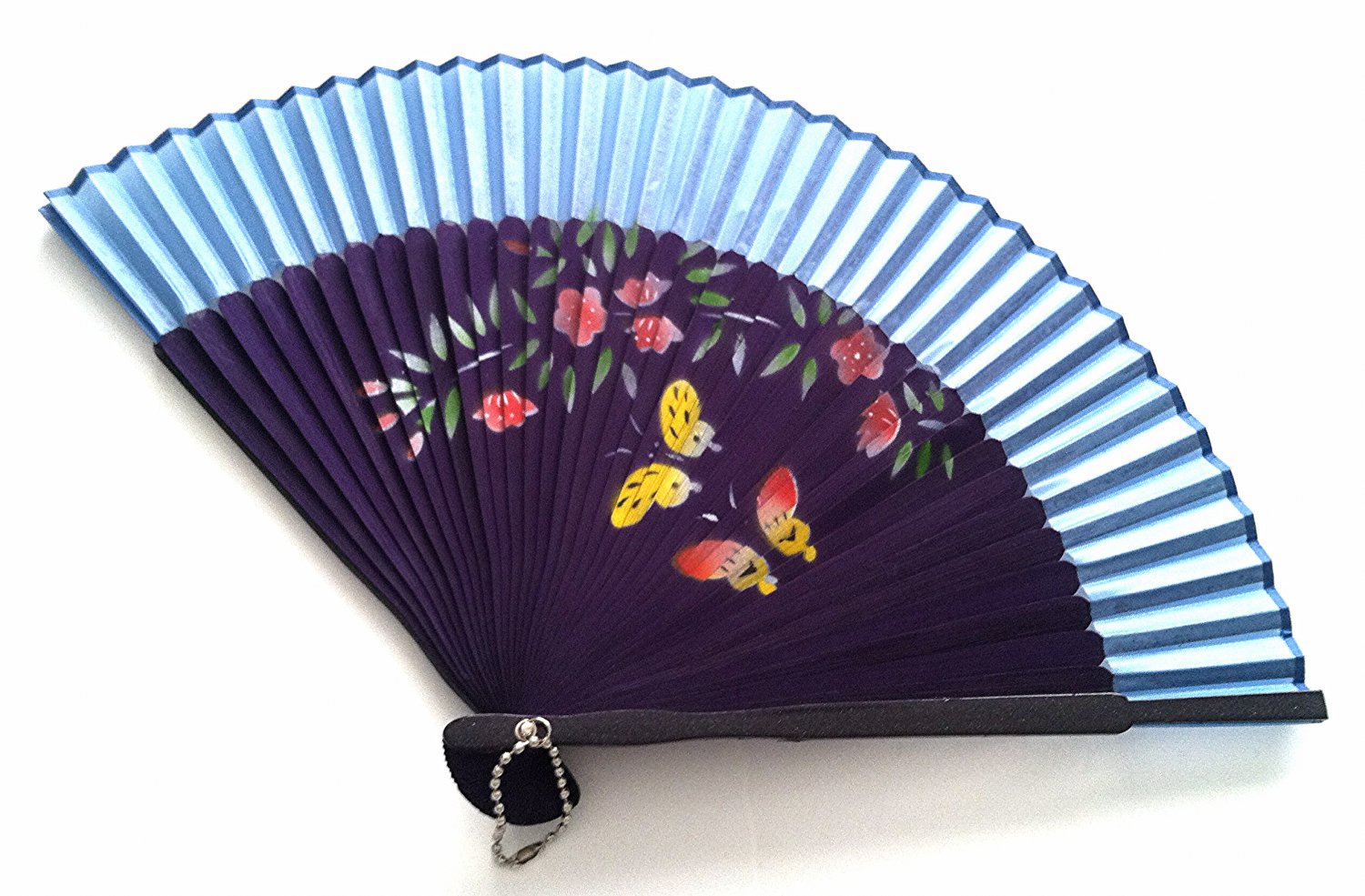 Hand Spray Painted Bamboo and Folding Fan 201035 Light Blue with Butterfly and Flowers Design