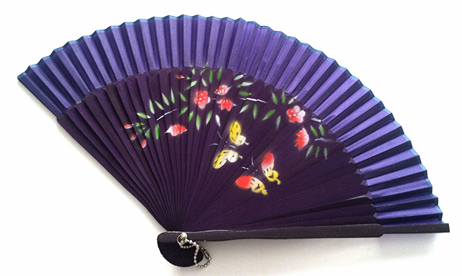 Hand Spray Painted Bamboo and Folding Fan 201037 Dark Purple with Butterfly and Flowers Design