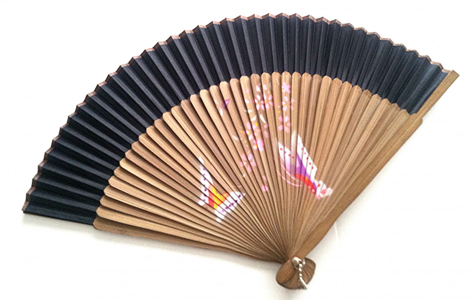 Natural Bamboo Wood Folding Handfan 201046  Black with Butterfly and Flowers Design