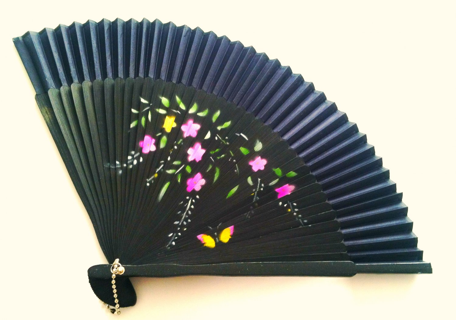 Black Color Folding Handfan 201047 with Butterfly and Flowers Design