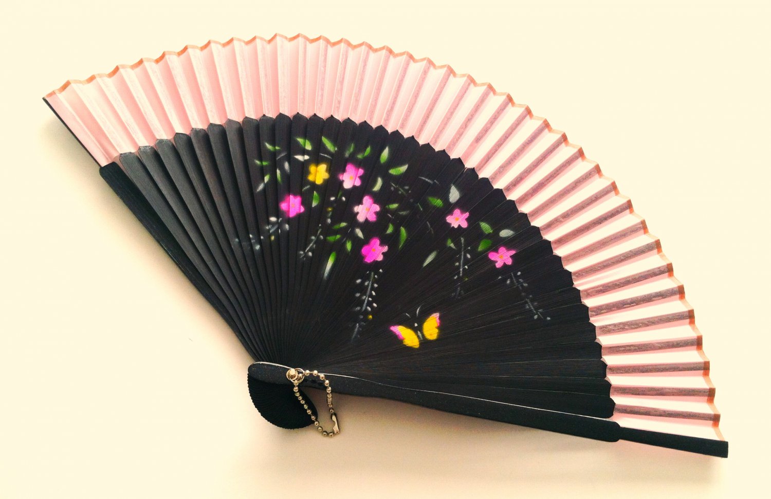 Bamboo Folding Handfan 201049 Light Pink Color with Butterfly and Flowers Design