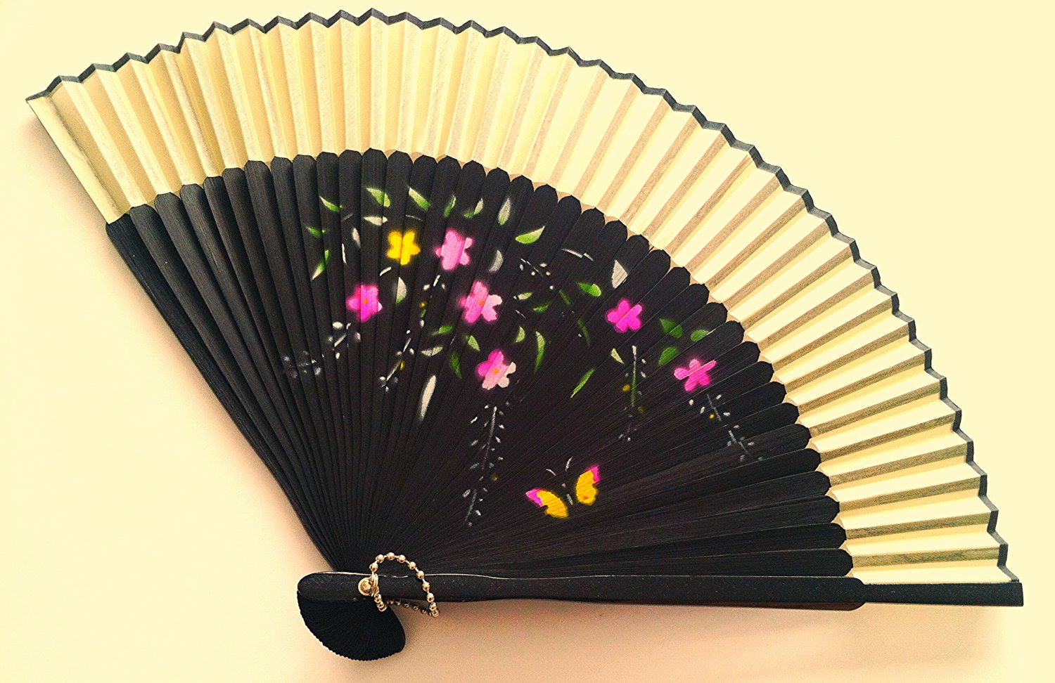 Bamboo Folding Handfan 201050 Light Yellow Color with Butterfly and Flowers Design