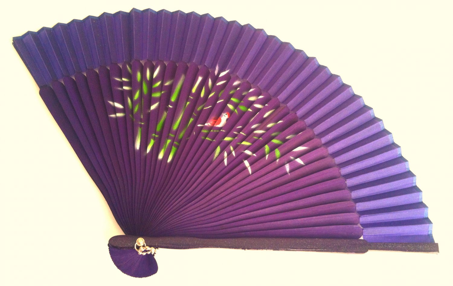 Wedding Spray Painted Bamboo and Silk Hand-fan 201051 Navy Blue with Bamboo and Bird design
