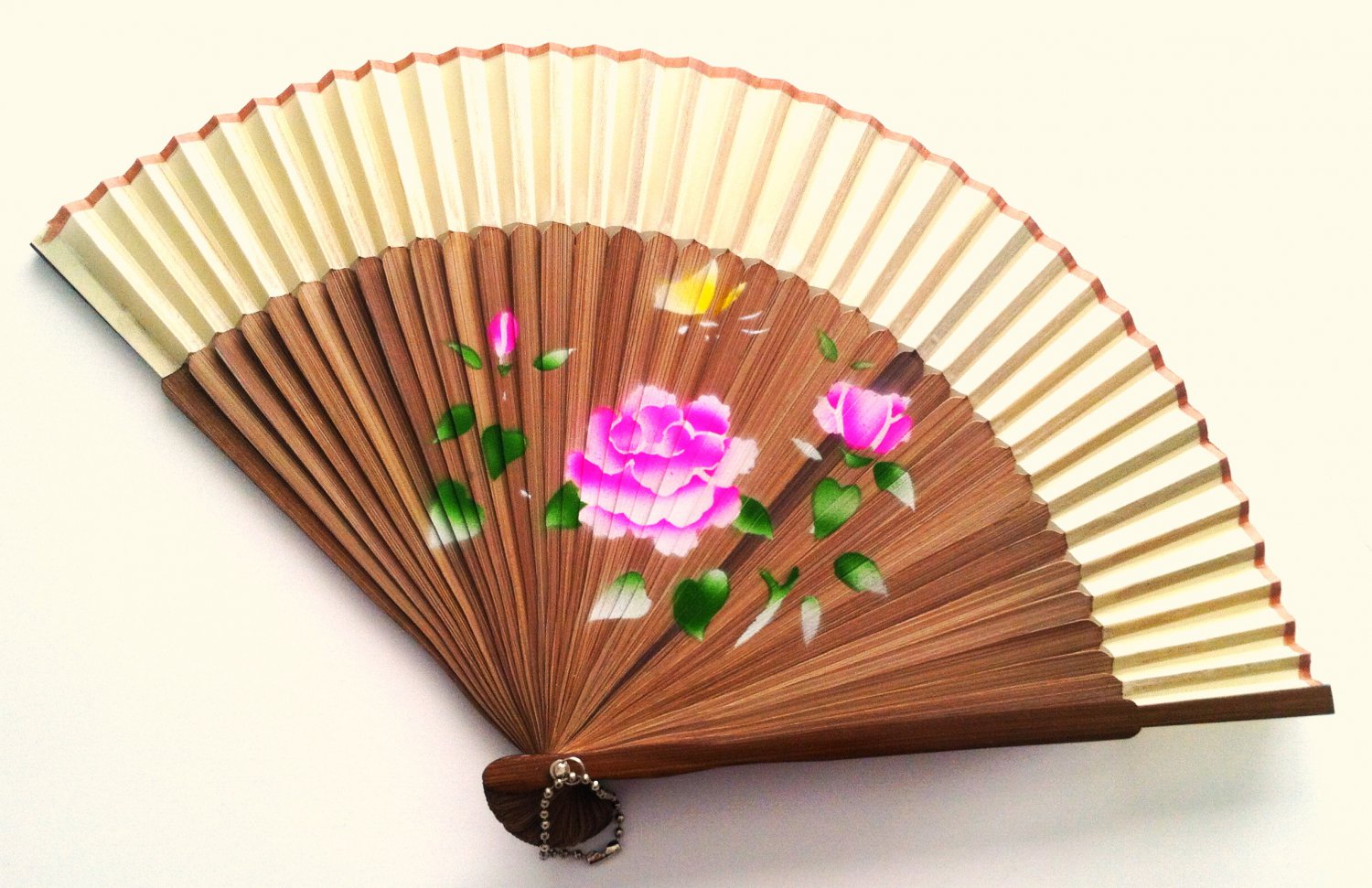 Bamboo and Silk Hand-fan 201052 Yellow with  Peony Flowers Butterfly and Flower Design