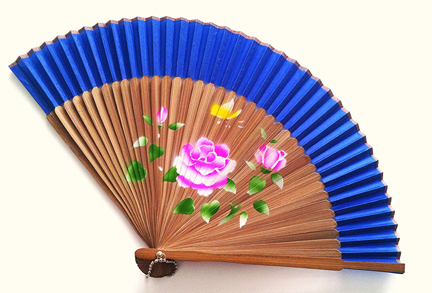 Bamboo and Silk Hand-fan 201053 Navy Blue with  Peony Flowers Butterfly and Flower Design