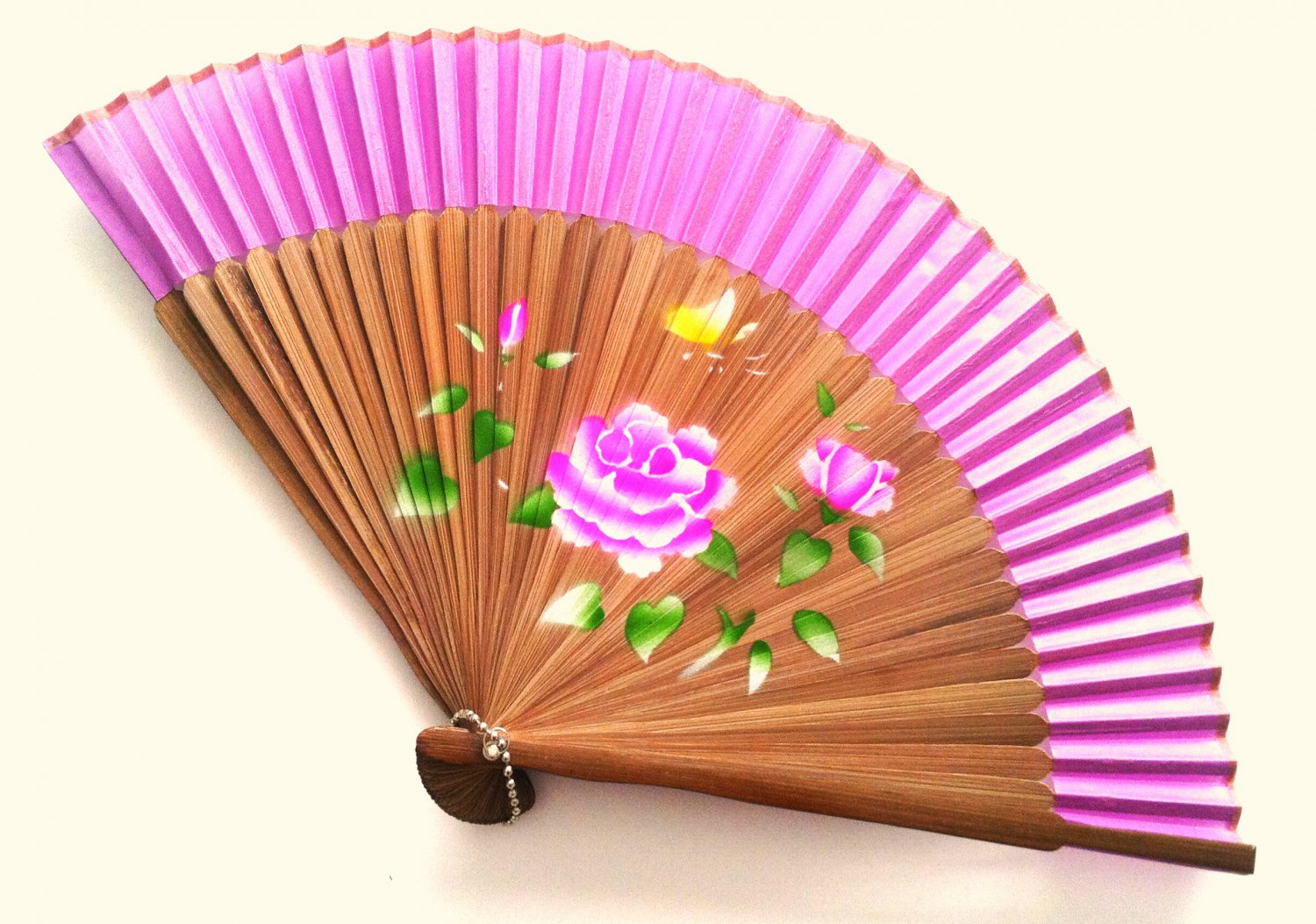 Bamboo and Silk Hand-fan 201055 Purple with  Peony Flowers Butterfly and Flower Design