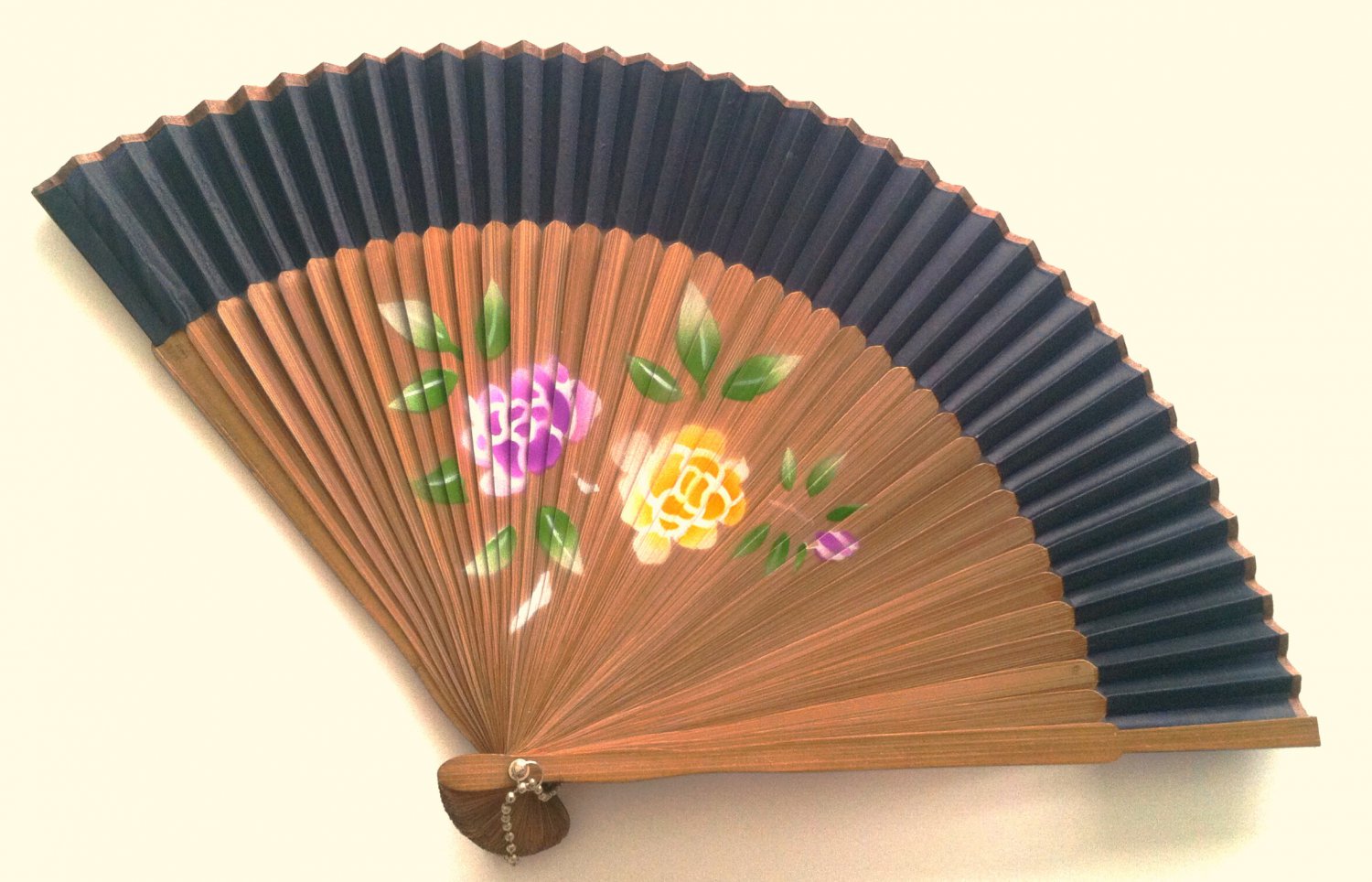 Bamboo and Silk Hand-fan 201057 Black with  Peony Flowers Design