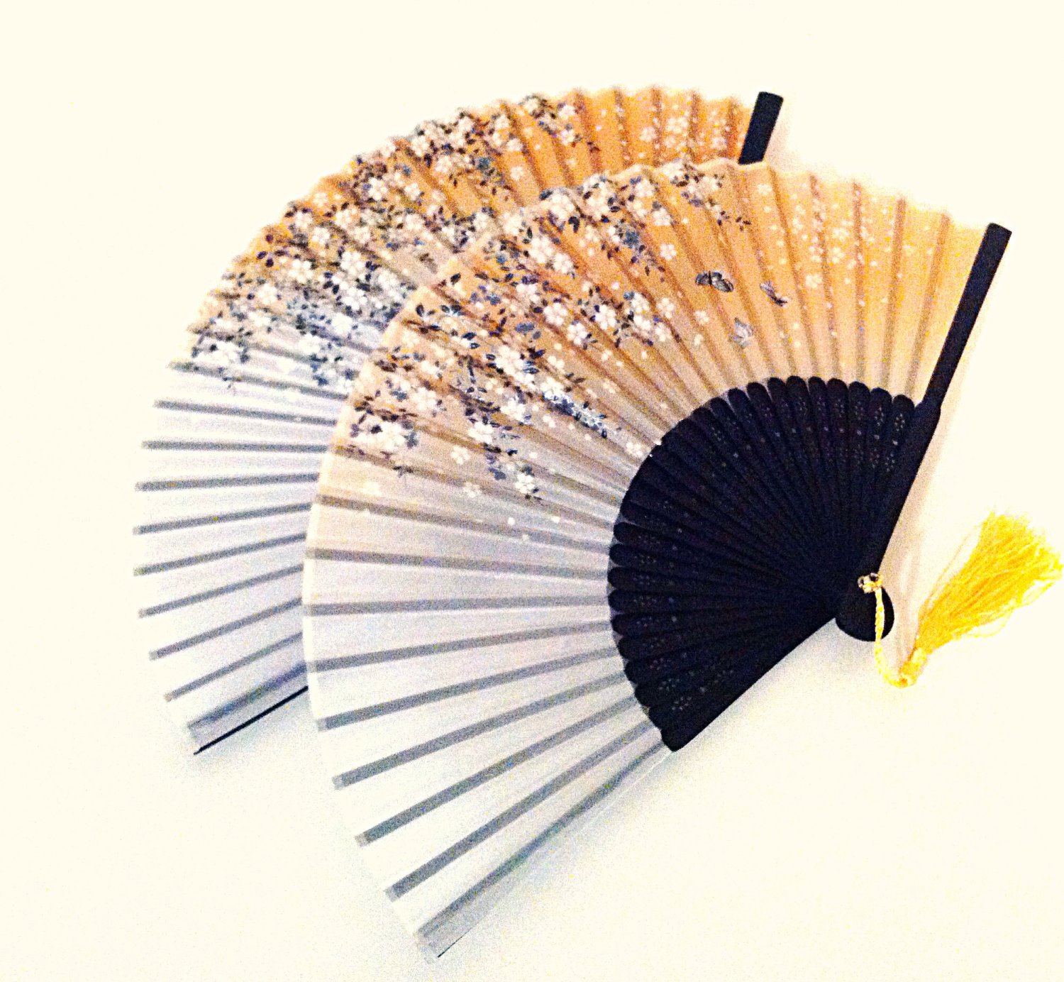 Set of 2 pc Cherry Blossom Bamboo Japanese Silk Folding Fan Handfan in Orange Color