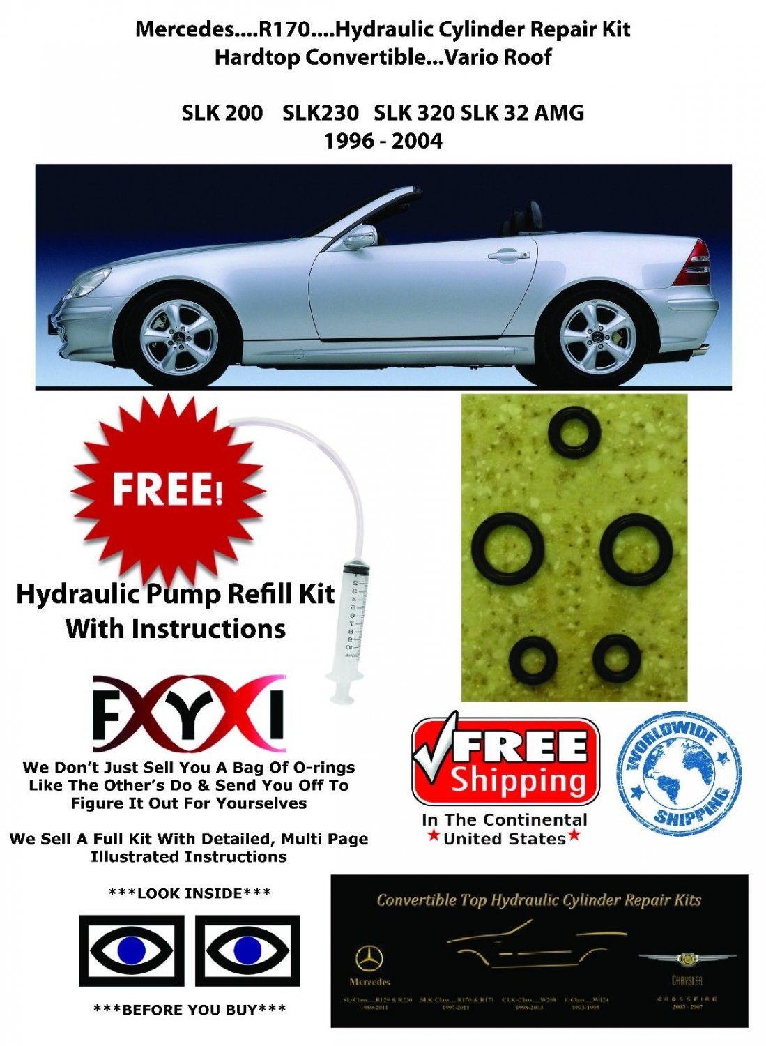 Mercedes SLK 230 320 Hardtop Convertible Hydraulic Cylinder Repair Kit R170