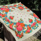 Vintage Wool Floral White Scarf, Pink flowers Ukrainian White Shawl, Russian Floral Shawl with Fring