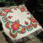 Vintage Wool Floral White Scarf, Pink flowers Ukrainian White Shawl, Russian Floral Shawl with Fring