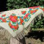 Vintage Wool Floral White Scarf, Pink flowers Ukrainian White Shawl, Russian Floral Shawl with Fring