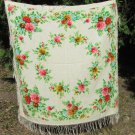 Vintage Wool Floral Fringe White Scarf, Pink flowers Ukrainian White Shawl, Russian Floral Scarf, Fl