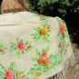 Vintage Wool Floral Fringe White Scarf, Pink flowers Ukrainian White Shawl, Russian Floral Scarf, Fl