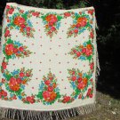 Vintage Wool Fringe Floral White Shawl, Pink flowers Ukrainian White Shawl, Russian Floral Scarf, Fl