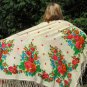 Vintage Wool Fringe Floral White Shawl, Pink flowers Ukrainian White Shawl, Russian Floral Scarf, Fl