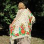 Vintage Wool Fringe Floral White Shawl, Pink flowers Ukrainian White Shawl, Russian Floral Scarf, Fl